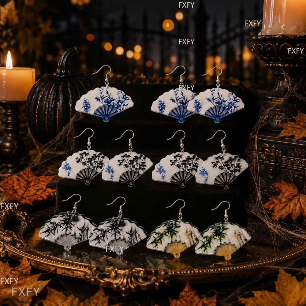 8pcs Chinese Fan-shaped Ink Painting Earring Set